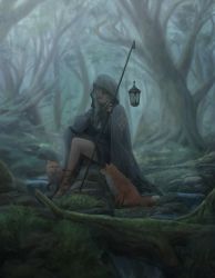 Rule 34 | 1girl, absurdres, animal, bare legs, bare tree, cloak, commentary, day, fingerless gloves, forest, fox, free style (yohan1754), gloves, grey hair, hair over one eye, highres, holding, hood, hooded cloak, lamp, light rays, long hair, looking at viewer, nature, original, outdoors, polearm, robe, sandals, sitting, smile, solo, sunbeam, sunlight, tree, weapon