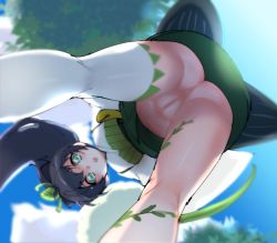 Rule 34 | 1girl, :o, aqua eyes, ass, bent over, black hair, day, from below, green skirt, highres, japanese clothes, leaf, long hair, looking at viewer, looking through own legs, no panties, onmyoji, open mouth, outdoors, plant, ponytail, pussy, single thighhigh, skirt, sky, solo, sr (soulo o), thighhighs, uncensored, upside-down, upskirt, vines, white thighhighs, ying grass