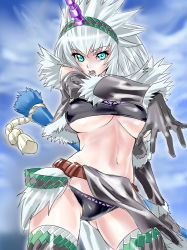 Rule 34 | 1girl, bad id, bad pixiv id, blue eyes, breasts, capcom, dodai shouji, elbow gloves, gloves, gradient background, hairband, horns, kirin (armor), large breasts, monster hunter (series), navel, open mouth, panties, single horn, solo, thighhighs, underboob, underwear, weapon, white hair