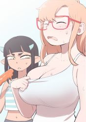 Rule 34 | 2girls, adjusting clothes, bare shoulders, black hair, blue horns, blue tank top, blunt bangs, blush, breast envy, breasts, cleavage, closed eyes, collarbone, colo (nagrolaz), commentary, crop top, day, english commentary, flipped hair, food, foreshortening, freckles, furrowed brow, glasses, hair over shoulder, horns, impossible clothes, impossible shirt, large breasts, long hair, looking at another, looking at breasts, melting, meme, mephia, midriff, multicolored tank top, multiple girls, navel, open mouth, orange hair, outdoors, parted lips, pointy ears, popsicle, red-framed eyewear, rita (sweethex), shirt, short eyebrows, sidelocks, single sidelock, skindentation, small breasts, standing, straight hair, striped tank top, sweat, sweethex, swept bangs, tank top, teeth, thick eyebrows, upper body, wavy mouth, white tank top, yellow eyes