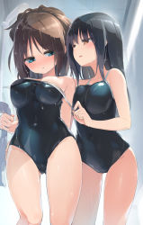 Rule 34 | 2girls, black hair, blue eyes, blush, breasts, brown eyes, brown hair, full-face blush, gluteal fold, highres, homura subaru, impossible clothes, impossible swimsuit, large breasts, long hair, looking at another, medium breasts, multiple girls, one-piece swimsuit, original, swimsuit, undressing, wet, wet clothes, wet hair, wet swimsuit, yuri