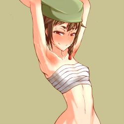 Rule 34 | 1girl, armpits, arms up, black hair, blush, braid, breasts, brown hair, colored eyelashes, dorotabou (dieter), eyebrows, from side, groin, half-closed eyes, hat, highres, hip focus, light smile, mole, mole under eye, naughty face, navel, red eyes, sarashi, sen no rikyuu (sengoku collection), sengoku collection, short eyebrows, side braid, simple background, skinny, small breasts, smile, solo, thick eyebrows, upper body, wet