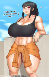 Rule 34 | 1girl, black hair, blue sky, blush, breasts, clothes, cloud, cloudy sky, en&#039;en no shouboutai, english text, foxicube, heart, large breasts, long hair, looking at viewer, maki oze, muscular, muscular female, one eye closed, partially undressed, ponytail, purple eyes, sky, solo, sweat