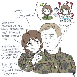 Rule 34 | 1boy, 1girl, ?, absurdres, artist logo, blue dress, brown hair, camouflage, camouflage jacket, closed mouth, commentary, dress, english commentary, english text, grin, highres, jacket, long sleeves, looking at another, looking to the side, military, military rank insignia, military uniform, original, ostwindprojekt, partially colored, pointing, pointing at another, short hair, simple background, smile, sweat, teasing, teeth, uniform, upper body, white background