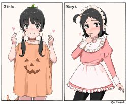 Rule 34 | 1boy, 1girl, aiu404l, apron, arm at side, artist self-insert, black hair, black nails, black pantyhose, closed mouth, commentary, cowboy shot, crossdressing, dot nose, double finger heart, egg, egg (aiu404l), egg hair ornament, english commentary, english text, finger heart, finger to mouth, food-themed hair ornament, frilled apron, frills, grey eyes, hair ornament, halloween costume, hand up, hands up, heart, highres, jaggy lines, juliet sleeves, long hair, long sleeves, looking at viewer, low twintails, maid, maid apron, maid headdress, nail polish, one side up, original, pantyhose, puffy sleeves, short hair, short twintails, sidelocks, smile, standing, tail, trap, twintails, twitter username, waist apron, white apron