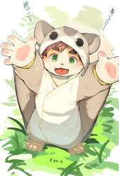 Rule 34 | 1boy, chinese commentary, cosplay, fangs, furry, furry male, grass, green eyes, hands up, highres, kigurumi, looking at viewer, looking up, male focus, mrshu, open mouth, pawpads, shima (tamacolle), solo, squirrel boy, squirrel costume, tamacolle, translation request, twitter username