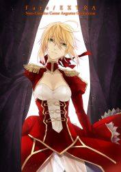 Rule 34 | 10s, 1girl, ahoge, bad id, bad pixiv id, blonde hair, breasts, buttons, center opening, character name, cleavage, copyright name, curtain grab, curtains, dress, epaulettes, fate/extra, fate (series), green eyes, hair ribbon, highres, kyo zip, lace, lace-trimmed skirt, lace-trimmed sleeves, lace trim, medium breasts, nero claudius (fate), nero claudius (fate) (all), nero claudius (fate/extra), panties, parted lips, puffy sleeves, red dress, ribbon, see-through, short hair, skirt, solo, underwear