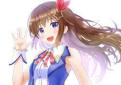 Rule 34 | 1girl, :d, armpits, blue eyes, blue vest, blush, brown hair, collared shirt, commentary, diamond (shape), eyelashes, hair flaps, hair ornament, hair ribbon, hairclip, hololive, idol, juuzou (juzo1107), long hair, looking at viewer, neck ribbon, open mouth, red ribbon, ribbon, shirt, simple background, sleeveless, smile, solo, star (symbol), star hair ornament, symbol-only commentary, teeth, tokino sora, tokino sora (1st costume), upper body, upper teeth only, vest, virtual youtuber, waving, white background, white shirt, wrist cuffs