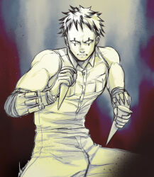 Rule 34 | 1boy, clenched teeth, colored tips, cowboy shot, dorohedoro, dual wielding, facial mark, fighting stance, highres, holding, looking at viewer, lotusmartus, male focus, multicolored hair, multiple monochrome, no eyebrows, risu (dorohedoro), shirt, sleeveless, sleeveless shirt, solo, teeth, toned, toned male