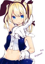 Rule 34 | 1girl, alternate costume, animal ears, ask02, azuma sawayoshi, blonde hair, blue eyes, dead or alive, dead or alive 5, gloves, hand on own hip, highres, jacket, lips, marie rose, navel, pleated skirt, pointing, rabbit ears, simple background, skirt, solo, tongue, tongue out, twintails