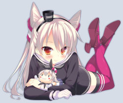 Rule 34 | 10s, 1girl, :3, amatsukaze (kancolle), black dress, blush, blush stickers, breasts, character doll, doll, dress, eyebrows, full body, gloves, grey neckerchief, hair over one eye, hair tubes, kantai collection, legs up, lifebuoy, long hair, long sleeves, looking at viewer, lying, medium breasts, neckerchief, on stomach, pikazo, pink thighhighs, red eyes, rudder footwear, sailor dress, shimakaze (kancolle), short dress, silver hair, simple background, single glove, smile, solo, striped, swim ring, thighhighs, two side up, white gloves