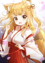 Rule 34 | 1girl, :d, absurdres, animal ear fluff, animal ears, blonde hair, blunt bangs, blush, bow, cherry blossoms, commentary, detached sleeves, eyelashes, falling petals, fox ears, fox girl, fox shadow puppet, fox tail, frilled kimono, frills, hair ornament, hair ribbon, hakama, hands up, highres, japanese clothes, kimono, long hair, long sleeves, looking at viewer, miko, open mouth, original, petals, red bow, red hakama, red ribbon, ribbon, sidelocks, sleeveless, sleeveless kimono, smile, solo, sparkle, standing, tail, two side up, white kimono, white sleeves, wide sleeves, yaminabe (szhal14), yellow eyes