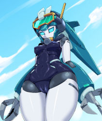 Rule 34 | 1girl, blue eyes, blue hair, blue one-piece swimsuit, blue sky, breasts, cameltoe, character request, cleft of venus, colored skin, covered erect nipples, covered navel, cowboy shot, day, diving mask, diving mask on head, fewer digits, goggles, goggles on head, humanoid robot, joints, legs together, looking down, medarot, medarot (robot), medium breasts, one-piece swimsuit, outdoors, pochincoff, ponytail, robot, robot joints, sky, snorkel, solo, standing, swimsuit, white skin