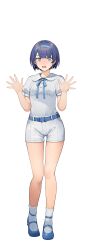 Rule 34 | 1girl, absurdres, belt, belt buckle, blue belt, blue eyes, blue footwear, blue hair, blue hairband, blue ribbon, blunt bangs, blush, buckle, cevio, collared shirt, commentary request, dot nose, full body, hairband, hands up, highres, looking at viewer, mary janes, neck ribbon, nervous, nose blush, open mouth, outstretched hand, psd available, puffy short sleeves, puffy sleeves, ribbon, shirinda fureiru, shirt, shirt tucked in, shoes, short hair, short shorts, short sleeves, shorts, simple background, socks, solo, standing, straight-on, suzuki tsudumi, sweat, tachi-e, tearing up, tears, transparent background, variant set, wavy mouth, white shorts, white socks