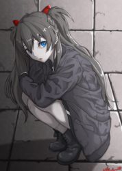 Rule 34 | 1girl, absurdres, artist request, blue eyes, casual, fetal position, greyscale, hair between eyes, highres, interface headset, lips, long hair, looking at viewer, monochrome, neon genesis evangelion, official alternate costume, road, short sleeves, simple background, solo, souryuu asuka langley, squatting, street, very long hair, white background