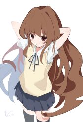 Rule 34 | 1girl, aisaka taiga, arms behind head, arms up, black ribbon, black skirt, black thighhighs, brown eyes, brown hair, closed mouth, collared shirt, commentary, cowboy shot, dated, highres, ko su kaa, long hair, looking at viewer, neck ribbon, pleated skirt, ribbon, school uniform, shirt, short sleeves, signature, simple background, skirt, solo, standing, sweater vest, thighhighs, toradora!, very long hair, white background, white shirt, yellow sweater vest