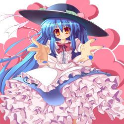 Rule 34 | 1girl, bad id, bad pixiv id, blue hair, blush, bow, dress, female focus, food, frills, fruit, gathers, hat, heart, hinanawi tenshi, long hair, looking at viewer, nail polish, outstretched hand, peach, petticoat, red eyes, smile, solo, tinkvov, touhou, very long hair