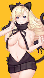 Rule 34 | 1girl, animal ears, areola slip, backless outfit, bare shoulders, black sweater, blonde hair, blue eyes, blush, breasts, breasts apart, cat, cat ears, cat tail, collarbone, contrapposto, convenient censoring, cowboy shot, fake animal ears, fake tail, floating hair, grin, halloween, hataraki kuma, highres, large breasts, long hair, looking at viewer, meme attire, navel, orange background, original, purple eyes, simple background, smile, sweater, swept bangs, tail, turtleneck, turtleneck sweater, very long hair, virgin killer sweater, wardrobe error
