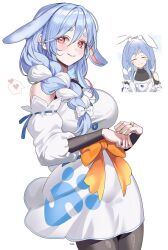 Rule 34 | 1girl, animal ears, black pantyhose, black wrist cuffs, blue hair, bow, braid, breasts, cropped legs, detached sleeves, double-parted bangs, dress, hair bow, haze (ohw8g), heart, highres, hololive, jewelry, large breasts, light smile, long hair, looking at viewer, mature female, multicolored hair, orange bow, pantyhose, paw print, pekomama, pink eyes, puffy sleeves, rabbit ears, rabbit girl, rabbit tail, ring, sidelocks, single braid, speech bubble, tail, thick eyebrows, two-tone hair, virtual youtuber, wedding ring, white bow, white dress, white hair, wrist cuffs