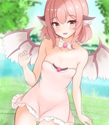 Rule 34 | 1girl, :d, animal ears, bare arms, bare shoulders, bird ears, bird wings, blurry, blush, bow, breasts, brown eyes, cleavage, collarbone, commentary, cowboy shot, day, depth of field, detached collar, dress, earrings, frilled dress, frills, grass, highres, jewelry, kasoka soka, looking at viewer, medium breasts, medium hair, microdress, mystia lorelei, open mouth, outdoors, pink hair, sidelocks, single earring, smile, solo, strapless, strapless dress, touhou, tree, water, white dress, wings