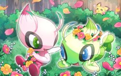 Rule 34 | ?, alternate color, antennae, black sclera, blue eyes, blush stickers, bush, celebi, colored sclera, creatures (company), day, eye contact, fairy, fairy wings, flower, flower wreath, foot up, forest, full body, game freak, gen 2 pokemon, green eyes, hands up, happy, head rest, holding, holding flower, jpeg artifacts, legendary pokemon, looking at another, lying, mobbbt, mythical pokemon, nature, nintendo, on stomach, open mouth, orange flower, outdoors, outline, petals, pichu, pink flower, pokemon, pokemon (creature), shiny and normal, shiny pokemon, sitting, smile, tree, white eyes, white flower, white outline, wings