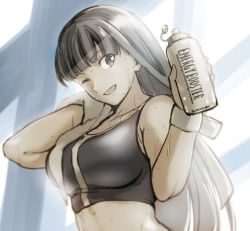 Rule 34 | 1girl, aoba (smartbeat), bare shoulders, bottle, breasts, collarbone, fate/grand order, fate (series), highres, large breasts, long hair, looking at viewer, martha (fate), monochrome, one eye closed, open mouth, smile, solo, sports bra, sweat, water bottle