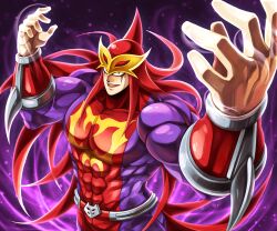 1boy abs artist_request aura belt biceps blue_eyes bodysuit facial_mark fingernails grin kinnikuman kinnikuman_nisei large_pectorals long_hair looking_at_viewer manly muscular pectorals purple_background red_belt red_bodysuit red_footwear red_hood scarface_(kinnikuman) smile solo standing wrestling wrestling_outfit