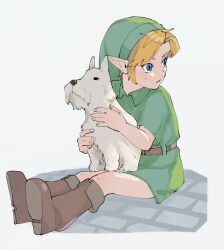 Rule 34 | 1boy, animal, belt, blonde hair, blue eyes, boots, brown belt, brown footwear, collared shirt, commentary, dog, full body, green hat, green tunic, hat, highres, holding, holding animal, holding dog, link, looking to the side, nintendo, parted lips, pointy ears, richard (ocarina of time), shirt, short hair, sitting, solo, symbol-only commentary, the legend of zelda, the legend of zelda: ocarina of time, white background, white dog, yamori (yamoooon21), young link
