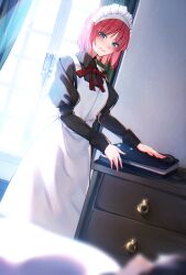 Rule 34 | 1boy, 1girl, apron, black dress, blue eyes, closed mouth, collared dress, commentary request, commission, curtains, dress, highres, hisui (tsukihime), indoors, juliet sleeves, long sleeves, maid, maid apron, maid headdress, neck ribbon, nervous, puffy sleeves, red hair, red ribbon, ribbon, sarasara shoyu, short hair, skeb commission, sunlight, tohno shiki, tsukihime, white apron, window
