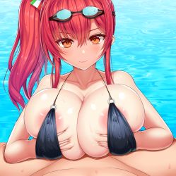Rule 34 | 1boy, 1girl, areola slip, asamura hiori, azur lane, bare shoulders, bikini, black bikini, blush, breast hold, breasts, breasts squeezed together, closed mouth, collarbone, covered erect nipples, goggles, goggles on head, hetero, highres, large breasts, long hair, looking at viewer, o-ring, o-ring bikini, orange eyes, paizuri, paizuri under clothes, pool, pov, red hair, side ponytail, sidelocks, smile, solo focus, spread legs, swimsuit, upper body, wading, water, wet, zara (azur lane), zara (poolside coincidence) (azur lane)