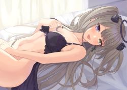 Rule 34 | 1girl, angel, babydoll, bell, black babydoll, black nails, bottomless, breasts, covering privates, covering crotch, earrings, fang, grey hair, hair bell, hair ornament, halo, hand on own chest, head wings, heterochromia, highres, indie virtual youtuber, jewelry, long hair, looking at viewer, lying, medium breasts, nail polish, navel, on back, open mouth, original, piercing, purple eyes, shaketarako, shizuki mumei, solo, stomach, tongue, tongue piercing, two side up, underwear, very long hair, virtual youtuber, wings, yellow eyes