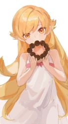Rule 34 | 1girl, bare arms, blonde hair, doughnut, dress, food, food in mouth, head tilt, highres, holding, holding food, long hair, looking at viewer, monogatari (series), oshino shinobu, pointy ears, pon de ring, solo, very long hair, white dress, yellow eyes