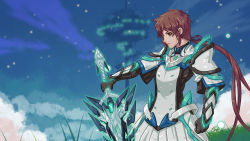 Rule 34 | 1girl, absurdres, armor, aruveinx, breasts, cowboy shot, gloves, grass, hair ribbon, highres, holding, holding sword, holding weapon, long hair, lora (xenoblade), parted lips, ponytail, red hair, ribbon, short hair, shoulder armor, skirt, small breasts, solo, sword, tree, weapon, white armor, white skirt, xenoblade chronicles (series), xenoblade chronicles 2, xenoblade chronicles 2: torna - the golden country, yellow eyes
