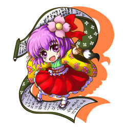 Rule 34 | 1girl, calligraphy brush, chibi, floral print, flower, hair flower, hair ornament, hieda no akyuu, japanese clothes, kiki fushigi, kimono, looking at viewer, open mouth, outstretched arms, paintbrush, purple eyes, purple hair, ribbon, sandals, scroll, short hair, simple background, smile, solo, touhou, white background