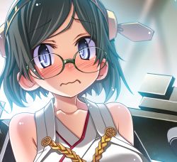Rule 34 | 10s, 1girl, bare shoulders, black hair, blue eyes, blush, breasts, detached sleeves, embarrassed, glasses, green-framed eyewear, hairband, headgear, japanese clothes, kantai collection, kirishima (kancolle), looking at viewer, medium breasts, nontraditional miko, personification, sakuya tsuitachi, short hair, solo, wavy mouth