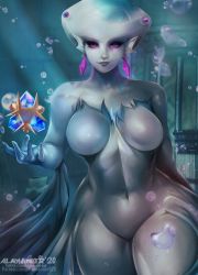 Rule 34 | 1girl, absurdres, alamander, bare shoulders, blue skin, breasts, closed mouth, collarbone, colored skin, curvy, earrings, fins, fish girl, hand up, head fins, highres, jewelry, large breasts, looking at viewer, monster girl, nintendo, no nipples, no pussy, princess ruto, purple eyes, smile, solo, the legend of zelda, the legend of zelda: ocarina of time, underwater, wide hips, zora, zora&#039;s sapphire