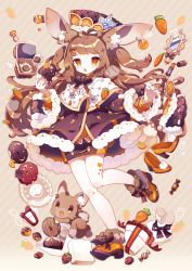 Rule 34 | 1girl, animal, animal ear fluff, animal ears, antenna hair, blush, bow, bowtie, brown hair, candy, carrot, commentary request, cosmetics, doughnut, food, fruit, full body, fur-trimmed footwear, fur-trimmed jacket, fur-trimmed sleeves, fur trim, gift, hair ornament, hairclip, hat, high heels, highres, holding, holding food, jacket, jewelry, lipstick tube, long hair, long sleeves, looking at viewer, mirror, no nose, open mouth, orange (fruit), orange eyes, orange footwear, orange slice, original, rabbit, rabbit ears, rabbit tail, ring, saijo1201, signature, solo, strawberry, striped, striped background, tail, two side up, very long hair