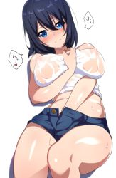 Rule 34 | 1girl, belly, black hair, blue eyes, blush, breasts, character request, copyright request, hair between eyes, hand under clothes, hand under shorts, heart, highres, large breasts, looking at viewer, midriff, nipples, see-through, short hair, shorts, solo, spoken heart, thighs, unbuttoned, vright leftv, wet, wet clothes