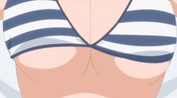 Rule 34 | 1girl, animated, animated gif, bikini, bouncing breasts, breast focus, breasts, cleavage, close-up, getsuyoubi no tawawa, head out of frame, large breasts, maegami-chan (tawawa), screencap, shiny skin, standing, swimsuit, view between breasts