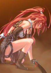 Rule 34 | 1girl, arm strap, asymmetrical sleeves, black footwear, black gloves, breasts, brown background, clenched teeth, from side, game cg, gloves, holding, holding sword, holding weapon, ignis, jingai makyou, long hair, medium breasts, nishii (damnedrive), official art, on one knee, ponytail, red eyes, red hair, solo, sword, teeth, very long hair, weapon