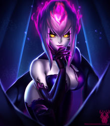 Rule 34 | 1girl, blue triangular, breasts, cleavage, evelynn (league of legends), facial mark, fingernails, hair between eyes, highres, large breasts, league of legends, leaning forward, lipstick, looking at viewer, makeup, mascara, multicolored hair, pale skin, pink hair, purple lips, sharp fingernails, sidelocks, slit pupils, smile, two-tone hair, white hair, yellow eyes