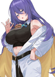 Rule 34 | 1girl, belt, black belt, black choker, black shirt, blonde hair, blue nails, breasts, cake, cake slice, cherry, chocolate cake, choker, colored inner hair, commentary, crop top, english commentary, food, food on body, food on breasts, fruit, hand on own hip, highres, holding, holding food, holding fruit, hololive, hololive indonesia, jacket, kinoko (shikimylove), large breasts, long hair, long sleeves, looking at viewer, moona hoshinova, moona hoshinova (1st costume), multicolored hair, nail polish, navel, object on breast, off shoulder, open mouth, plate, purple eyes, purple hair, shirt, simple background, solo, starry hair, two-tone hair, very long hair, virtual youtuber, white background, white jacket