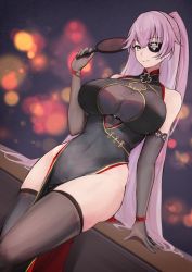 Rule 34 | 1girl, azur lane, bare shoulders, black dress, black thighhighs, blue eyes, blurry, bokeh, breasts, china dress, chinese clothes, cleavage, covered navel, depth of field, dress, dutch angle, elbow gloves, eyepatch, gloves, gold trim, grey gloves, highres, holding, large breasts, long hair, looking at viewer, marshall k, no panties, official alternate costume, pelvic curtain, pink hair, ponytail, scharnhorst (azur lane), scharnhorst (panther und pflaume) (azur lane), sleeveless, sleeveless dress, smile, solo, taut clothes, taut dress, thighhighs, thighs, very long hair