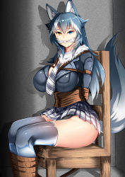 Rule 34 | 10s, 1girl, absurdres, animal ears, arms behind back, bdsm, blush, bondage, bound, breasts, chair, grey hair, grey wolf (kemono friends), heterochromia, highres, k kung, kemono friends, large breasts, miniskirt, skirt, solo, tail, thighhighs, wolf ears