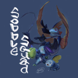 Rule 34 | blue background, blue eyes, blue theme, commentary request, creature, creatures (company), drizzile, english text, evolutionary line, falling, fighting stance, full body, furry, game freak, gen 8 pokemon, highres, inteleon, jyunhh, nintendo, pokemon, pokemon (creature), signature, simple background, sobble, tongue, tongue out