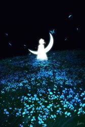 Rule 34 | 1girl, arms at sides, blue flower, crescent moon, dress, facing ahead, falling petals, field, flower, flower field, from behind, grass, highres, landscape, moon, nature, night, original, outdoors, petals, scenery, short hair, signature, silhouette, skyrick9413, solo, wide shot