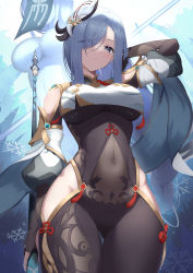 Rule 34 | 1girl, absurdres, arm at side, arm behind head, arm up, blue eyes, bodysuit, braid, breast curtain, breasts, clothing cutout, commentary request, covered navel, cowboy shot, genshin impact, hai maker, hair ornament, hair over one eye, highres, hip vent, holding, holding polearm, holding weapon, large breasts, long hair, looking at viewer, low-braided long hair, low-tied long hair, parted lips, polearm, shenhe (genshin impact), shoulder cutout, silver hair, snowflakes, solo, standing, tassel, thigh gap, thighs, very long hair, weapon, wide hips