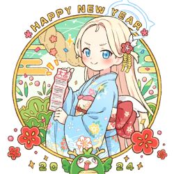 Rule 34 | 1girl, 2024, blonde hair, blue archive, blue eyes, blue halo, blue kimono, blush, chinese zodiac, closed mouth, commentary request, floral print, halo, happy new year, japanese clothes, kimono, long hair, long sleeves, looking at viewer, new year, obi, omikuji, onyhakase, peroro (blue archive), print kimono, sash, smile, solo, sora (blue archive), very long hair, year of the dragon