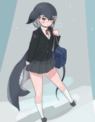 Rule 34 | 1girl, bag, black jacket, blue eyes, blush, bow, bowtie, cetacean tail, collared shirt, commentary request, fins, fish tail, grey hair, grey skirt, hair bow, highres, jacket, kemono friends, long sleeves, morrowine, multicolored hair, narwhal (kemono friends), pleated skirt, red bow, red bowtie, school bag, school uniform, shirt, short hair with long locks, skirt, socks, solo, tail, white shirt, white socks