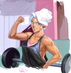 Rule 34 | 1girl, barbell, biceps, breasts, circlet, clenched hand, commentary, dark-skinned female, dark skin, diepod, facial mark, female focus, fist pump, hyakujuu-ou golion, medium breasts, muscular, muscular female, pointy ears, princess allura, short hair, sidelocks, smile, solo, tank top, upper body, voltron: legendary defender, voltron (series), weights, white hair